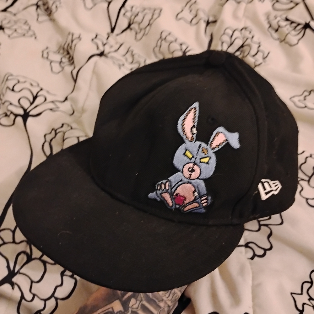 Black Cap with Embroidered Rabbit Design